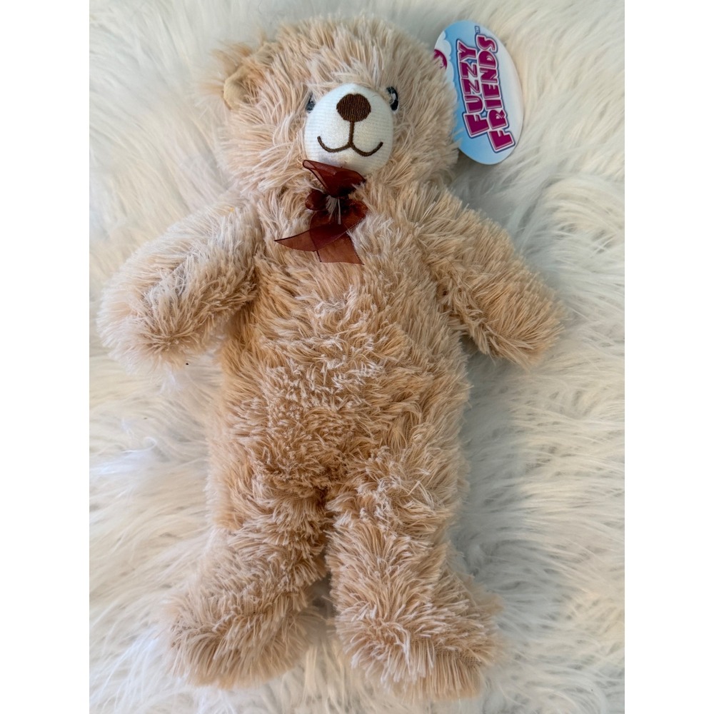 Fuzzy Friends Tan Shaggy Plush Teddy Bear with Brown Ribbon Bow NWT